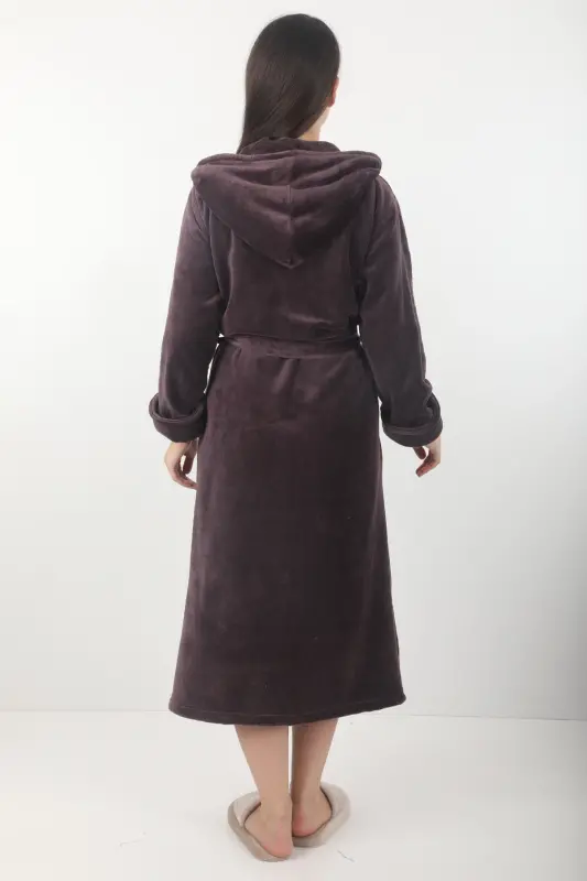 Kadın Kapşonlu Nakışlı Bambu Uzun Sabahlık-Mürdüm - 2