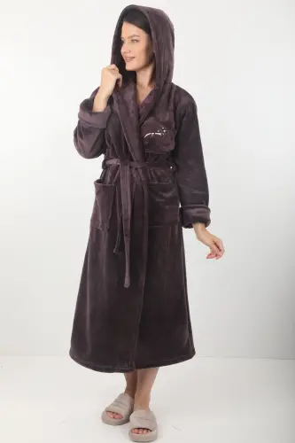 Kadın Kapşonlu Nakışlı Bambu Uzun Sabahlık-Mürdüm - 3