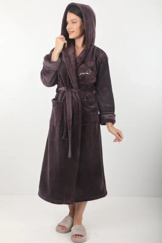 Kadın Kapşonlu Nakışlı Bambu Uzun Sabahlık-Mürdüm - 3