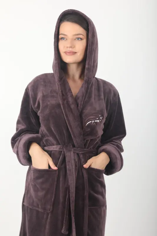 Kadın Kapşonlu Nakışlı Bambu Uzun Sabahlık-Mürdüm - 4