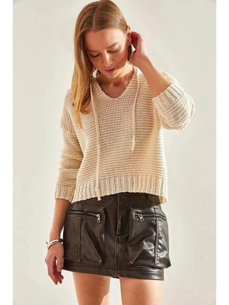 Kadın Kapüşonlu Bağcıklı Triko Kazak-Ekru - Modazone (1)