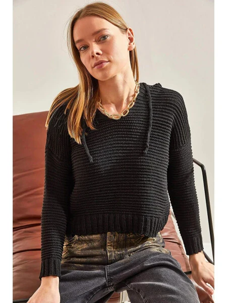 Kadın Kapüşonlu Bağcıklı Triko Kazak-Siyah - Modazone