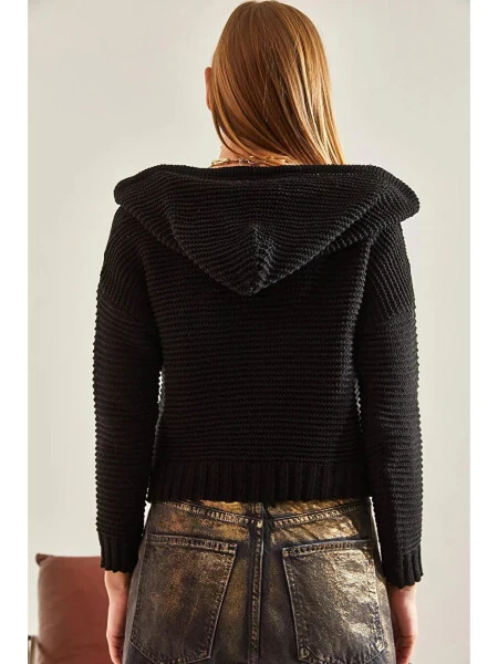 Kadın Kapüşonlu Bağcıklı Triko Kazak-Siyah - Modazone (1)