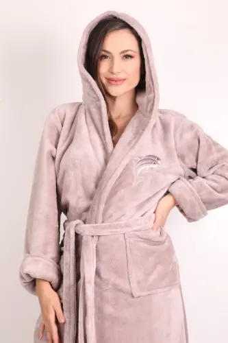 Kadın Kapşonlu Nakışlı Bambu Uzun Sabahlık-milk brown - WILD LOVE (1)