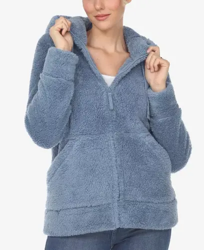 Women's Hooded Sherpa Jacket - Denim Blue - 1