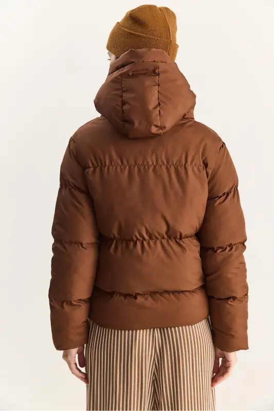 Kadın Kapüşonlu Şişme Mont-Açık Kahve - 8