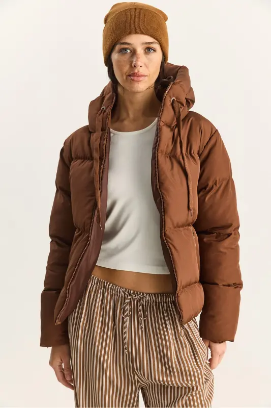 Kadın Kapüşonlu Şişme Mont-Açık Kahve - 5