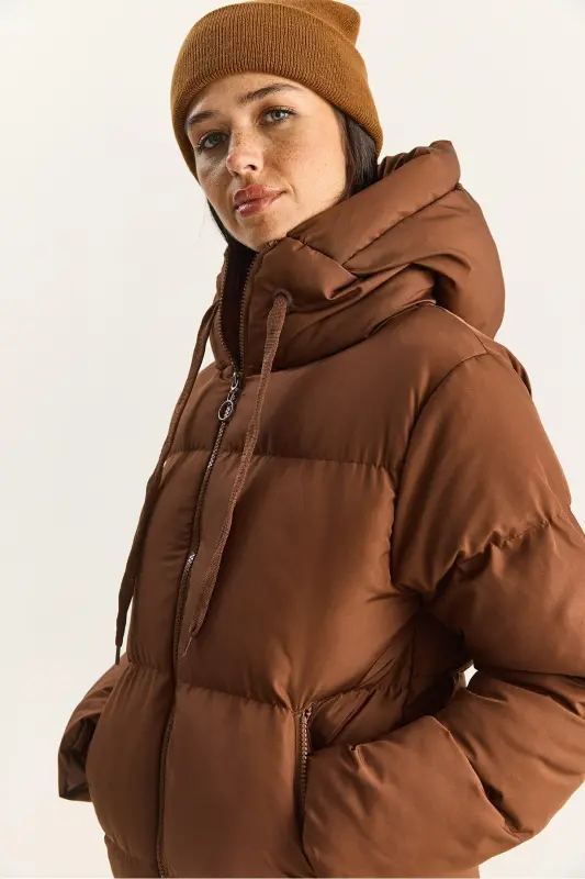 Kadın Kapüşonlu Şişme Mont-Açık Kahve - 7