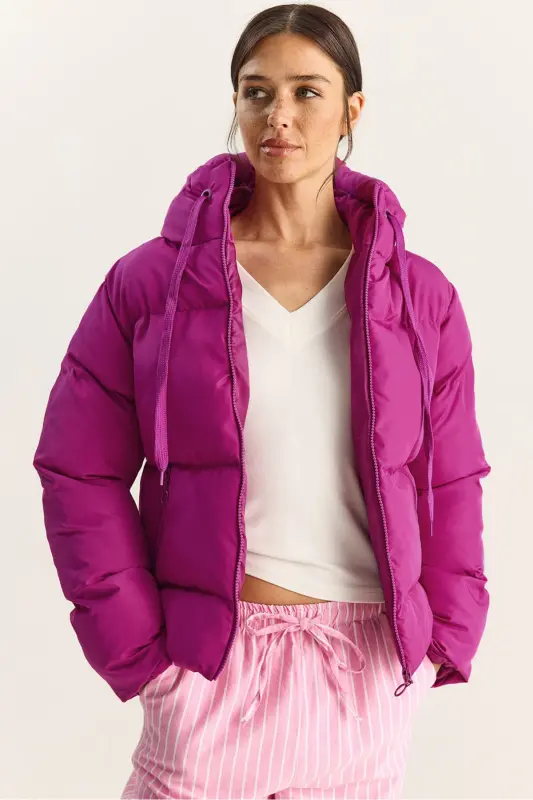 Kadın Kapüşonlu Şişme Mont-Fuşya - BIANCO LUCCI