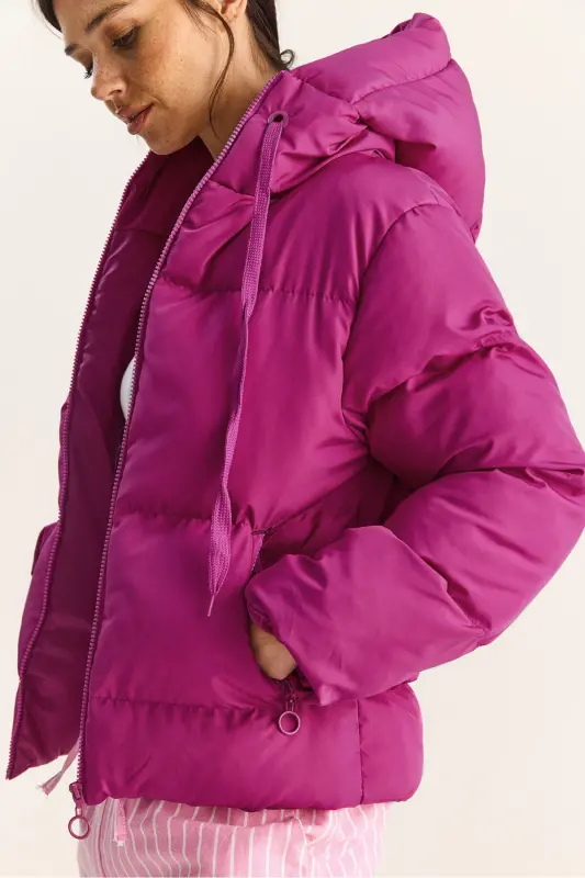Kadın Kapüşonlu Şişme Mont-Fuşya - 4