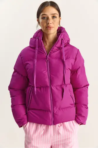 Kadın Kapüşonlu Şişme Mont-Fuşya - 5