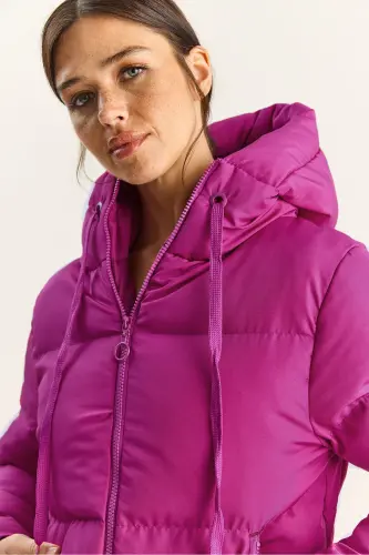 Kadın Kapüşonlu Şişme Mont-Fuşya - 6