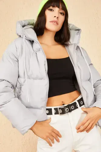 Kadın Kapüşonlu Şişme Mont-Gri - 3