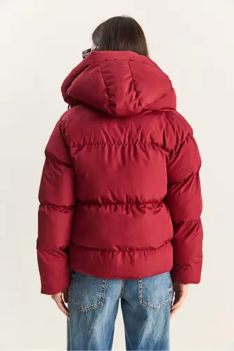 Kadın Kapüşonlu Şişme Mont-Koyu Bordo - 8