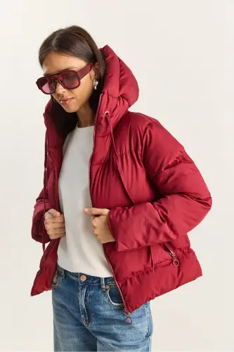 Kadın Kapüşonlu Şişme Mont-Koyu Bordo - 6