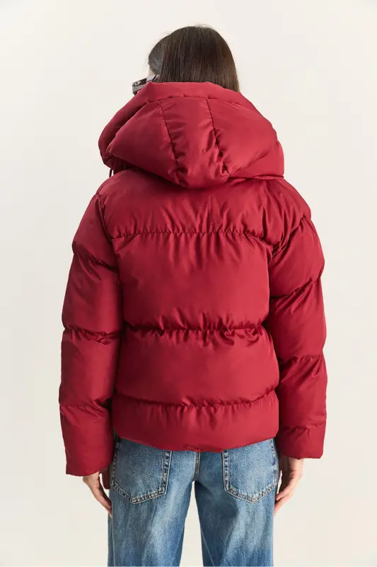 Kadın Kapüşonlu Şişme Mont-Koyu Bordo - 8