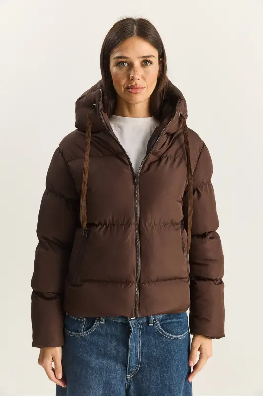 Kadın Kapüşonlu Şişme Mont-Koyu Kahve - 6
