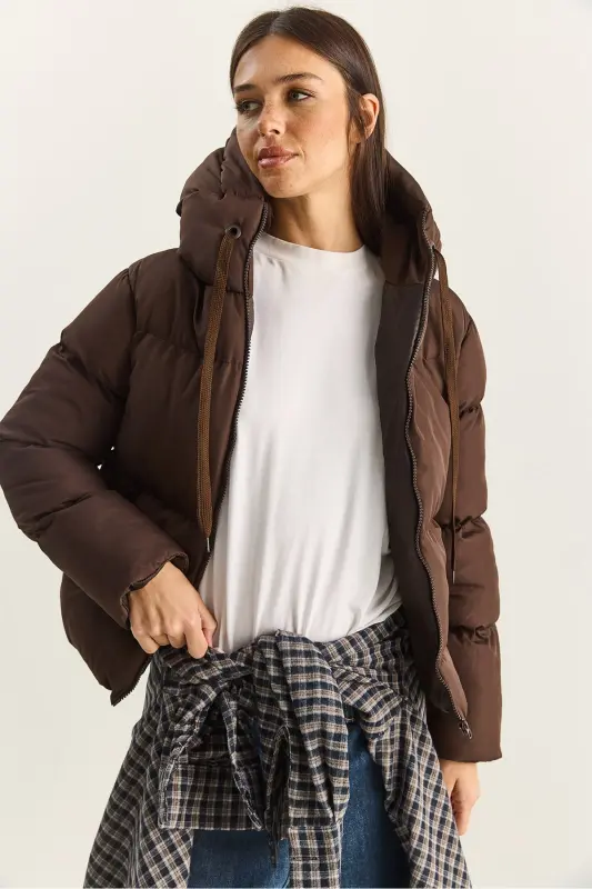 Kadın Kapüşonlu Şişme Mont-Koyu Kahve - 3