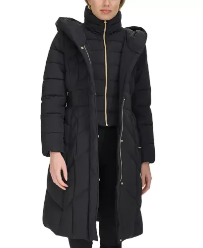 Women's Bibbed Hooded Puffer Coat-Black 