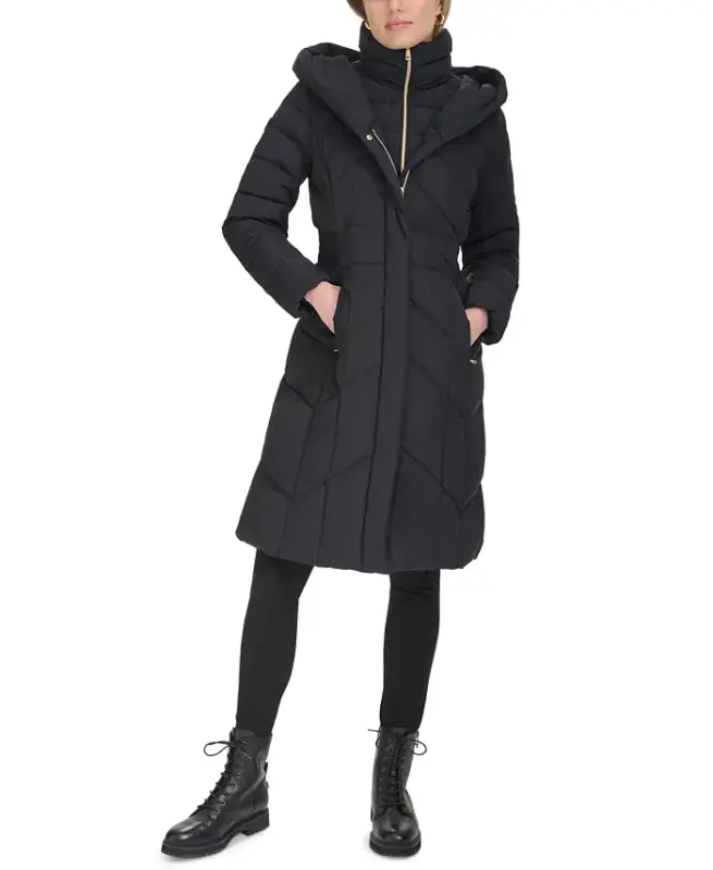 Women's Bibbed Hooded Puffer Coat-Black - 4