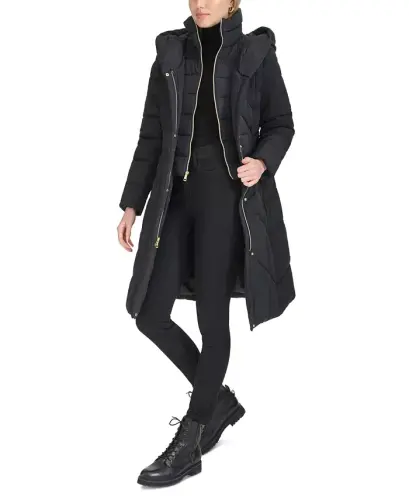 Women's Bibbed Hooded Puffer Coat - Black - 2