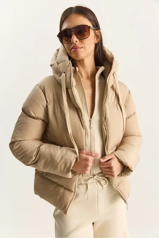 Kadın Kapüşonlu Şişme Mont-Taş - 5