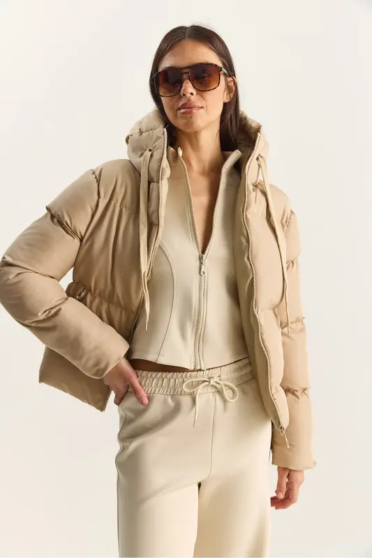 Kadın Kapüşonlu Şişme Mont-Taş - 3