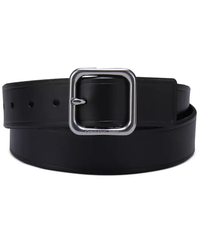 Women’s Square Center Bar Buckle Casual Leather Belt - Black - CALVIN KLEIN