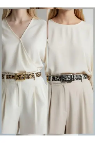 Kadın Kare Tokalı Leopar Detaylı 2'li set kemer-LEOPAR2^Lİ 