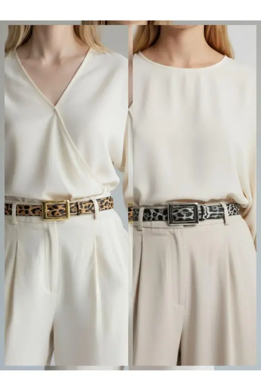 Kadın Kare Tokalı Leopar Detaylı 2'li set kemer-LEOPAR2^Lİ - KEMERIX