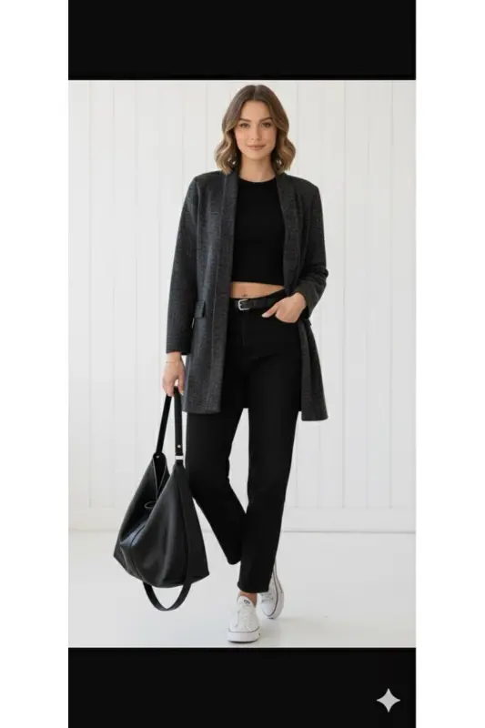 Kadın Karyağdı Desen Jakarlı Siyaha Siyah Ceket-Siyahasiyah - 2