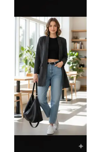 Kadın Karyağdı Desen Jakarlı Siyaha Siyah Ceket-Siyahasiyah - 3