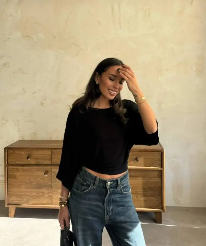 Kadın Kayık Yaka Yarasa Kol Dökümlü Kısa Bluz - 2