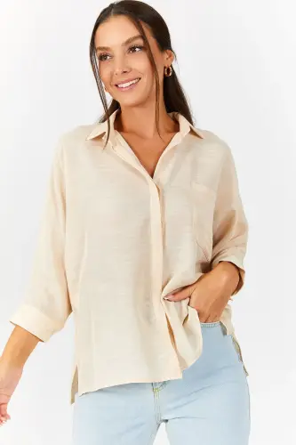 Kadın Kemik Cepli Salaş Keten Gömlek ARM-21Y001035-Kemik - ARMONIKA (1)