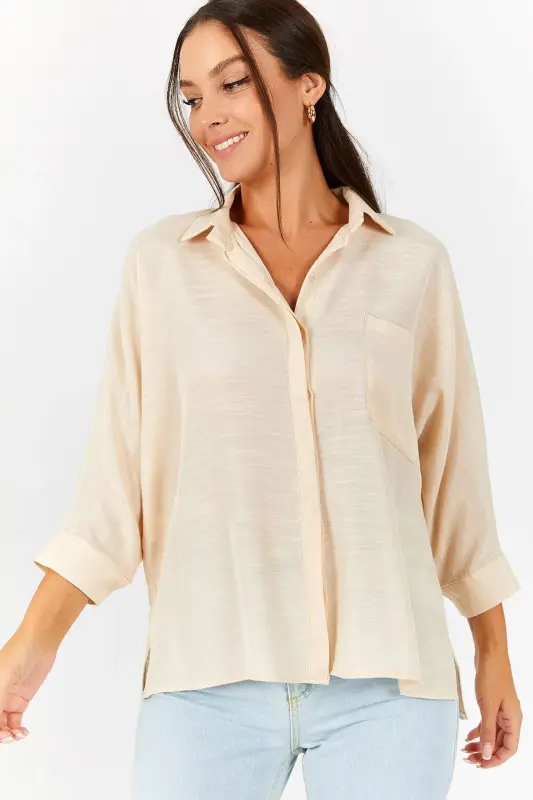 Kadın Kemik Cepli Salaş Keten Gömlek ARM-21Y001035-Kemik - 1