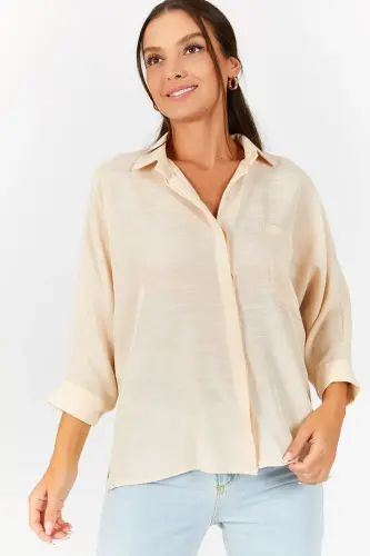 Kadın Kemik Cepli Salaş Keten Gömlek ARM-21Y001035-Kemik - 3