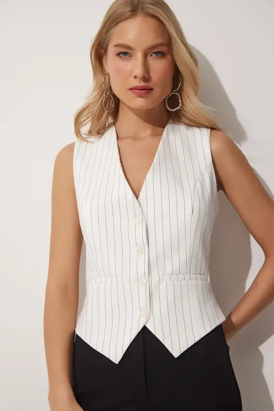 Kadın Kemik Çizgili Dokuma Yelek TO00054-Kemik - 1