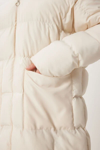 Kadın Kemik Kapüşonlu Oversize Uzun Şişme Kaban NT00428-Kemik - 6