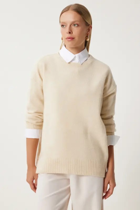Übergroßer Strickpullover in Knochenoptik für Damen PN00054 - Knochen - HAPPINESS İSTANBUL