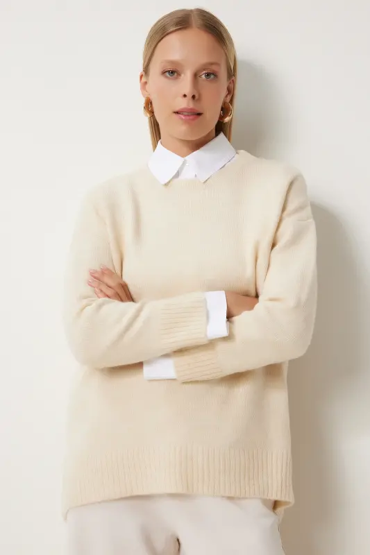 Kadın Kemik Oversize Triko Kazak PN00054-Kemik - 3