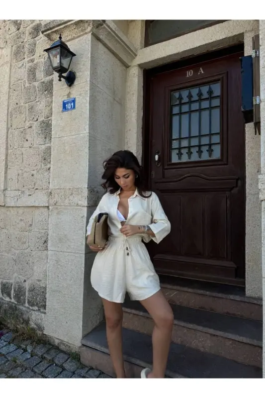 Kadın Keten Görünümlü Kumaş Oversize Gömlek Şort Takımı-Açık Krem - 3