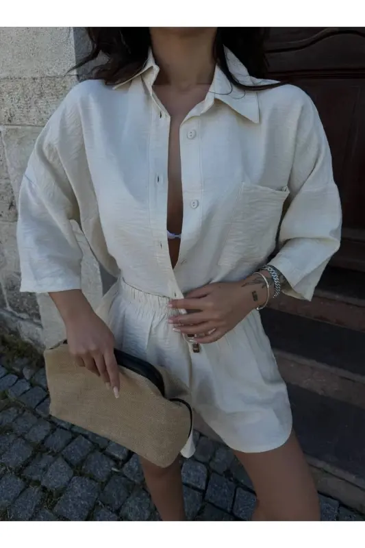 Kadın Keten Görünümlü Kumaş Oversize Gömlek Şort Takımı-Açık Krem - LB LALUNA BUTIK