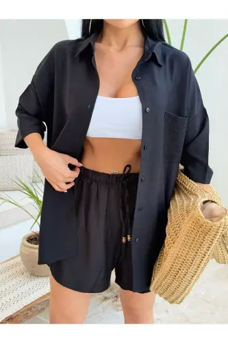 Kadın Keten Kumaş Oversize Gömlek Şort Takımı-SİYAH - LB LALUNA BUTIK (1)