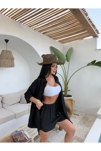 Kadın Keten Kumaş Oversize Gömlek Şort Takımı-SİYAH - 4