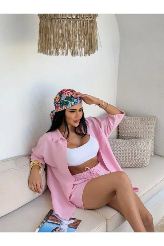 Kadın Keten Kumaş Oversize Gömlek Şort Takımı-Pembe - 4
