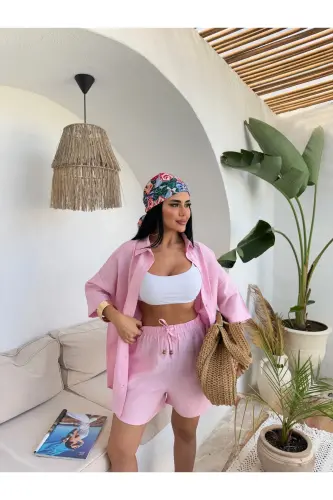 Kadın Keten Kumaş Oversize Gömlek Şort Takımı-Pembe - 5