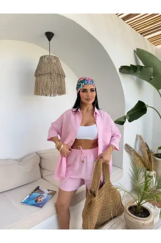 Kadın Keten Kumaş Oversize Gömlek Şort Takımı-Pembe - 6