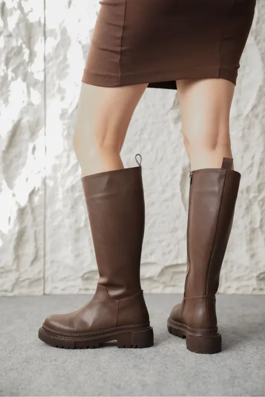 Kadın Kimber Kalın Taban Diz Altı Deri Çizme - Kahve-Deri-Kahve - MODAADAM
