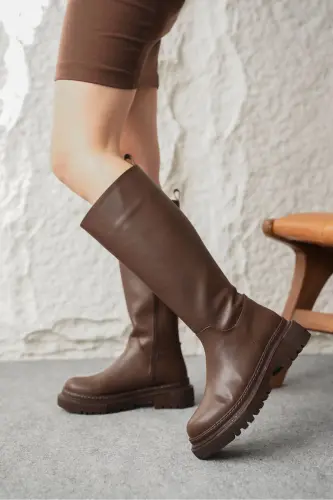 Kadın Kimber Kalın Taban Diz Altı Deri Çizme - Kahve-Deri-Kahve - MODAADAM (1)