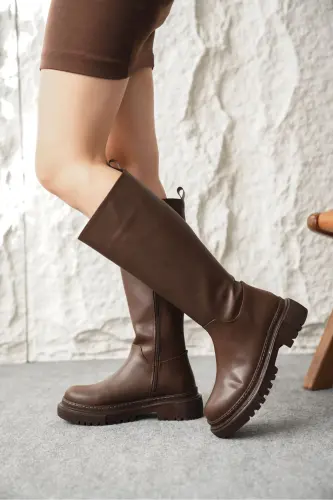 Kadın Kimber Kalın Taban Diz Altı Deri Çizme - Kahve-Deri-Kahve - 3